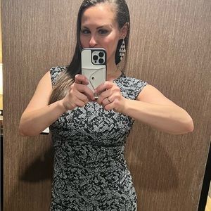 White House Black Market, Black/White patterned dress, Assemyrical Neckline